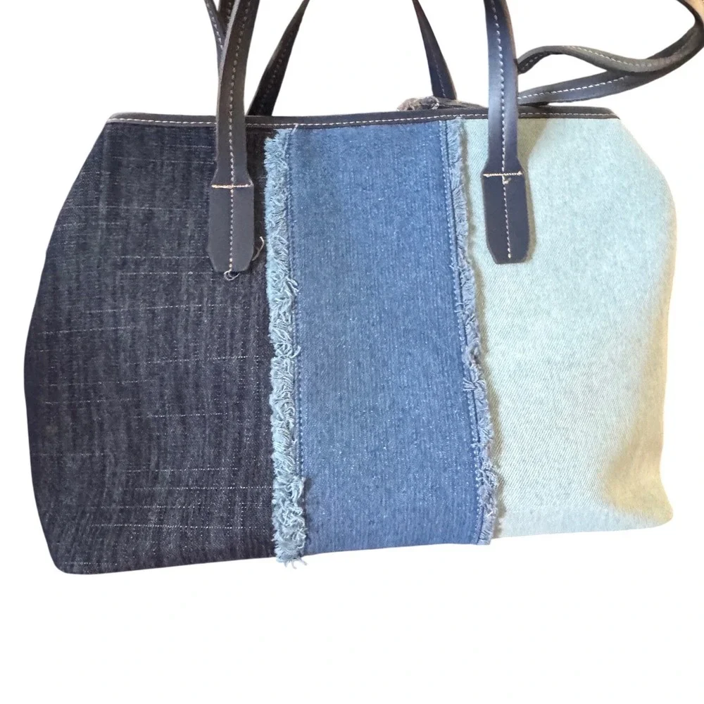 True Religion 2 in 1 handbag Tote Crossbody Three Tone Denim Patchwork NWT